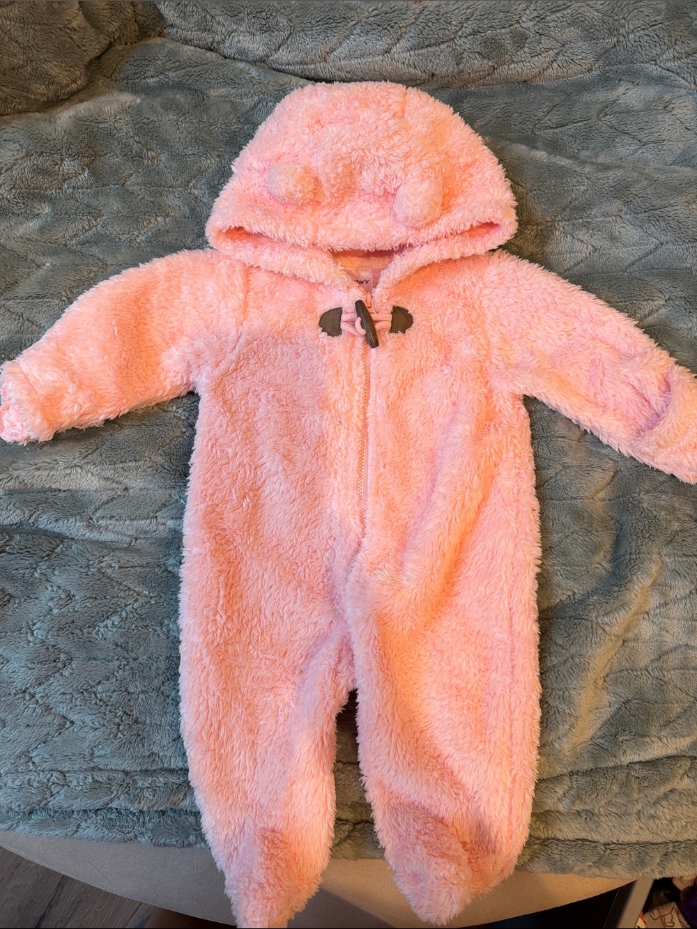Carter's Soft Pink Plush Hooded Baby Footed One-Piece